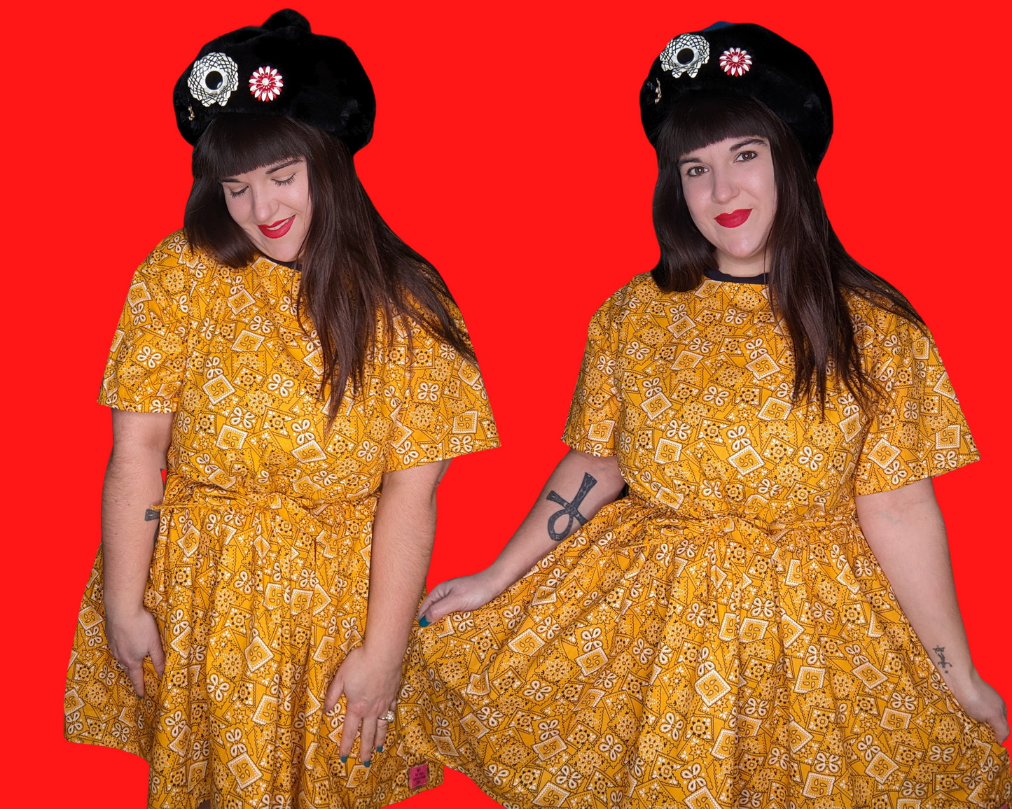 Handmade, Upcycled Yellow Paisley, Bandana Styled Fabric T-Shirt Dress Fits S-M-L-XL
