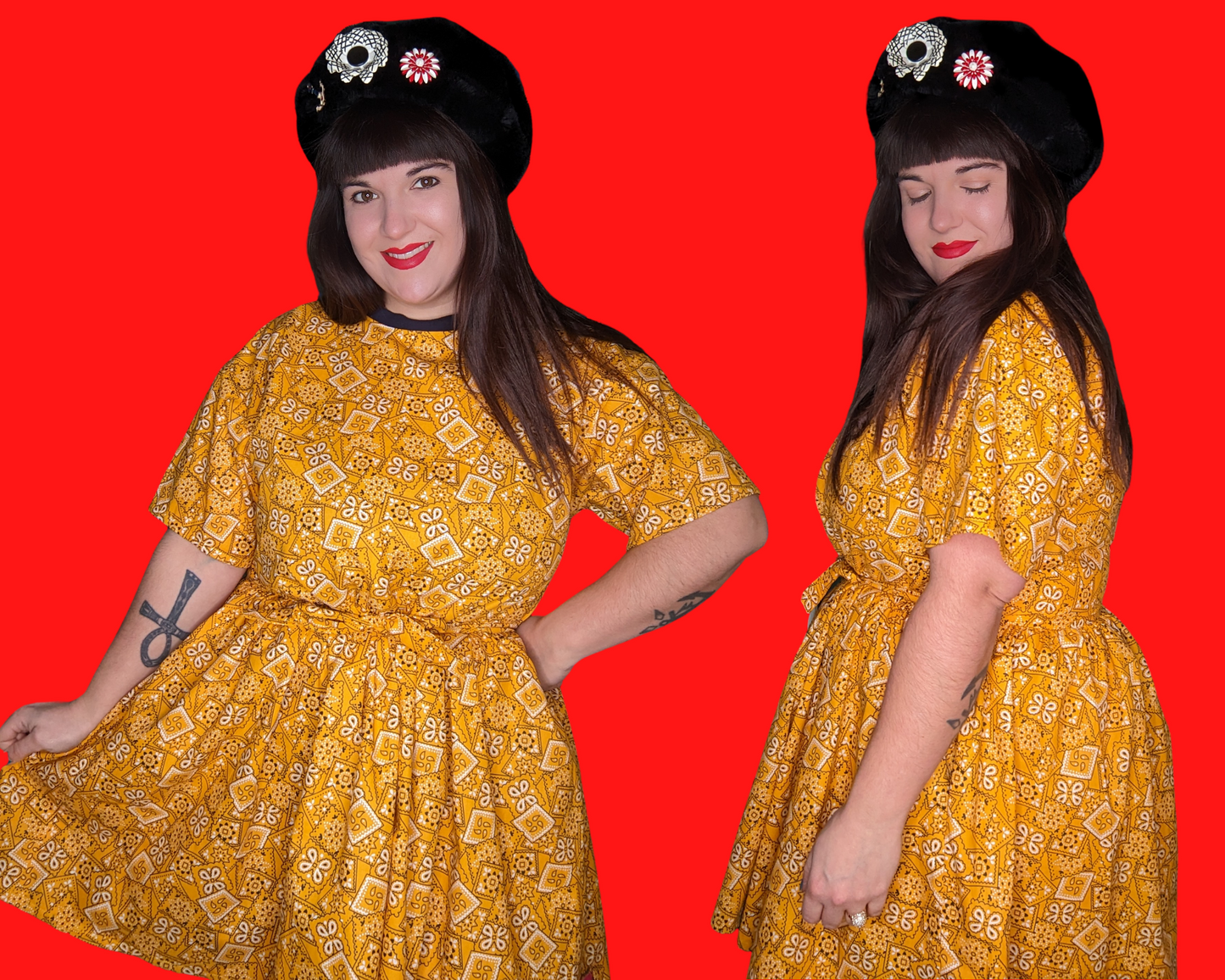 Handmade, Upcycled Yellow Paisley, Bandana Styled Fabric T-Shirt Dress Fits S-M-L-XL