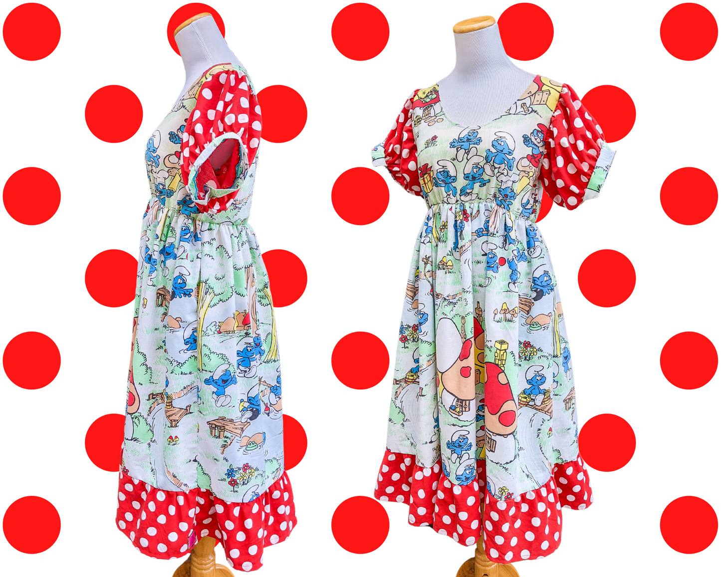 Fait à la main, robe de drap de lit Schtroumpfs recyclée avec tissu à pois rouge et blanc, manches courtes bouffantes taille S/M