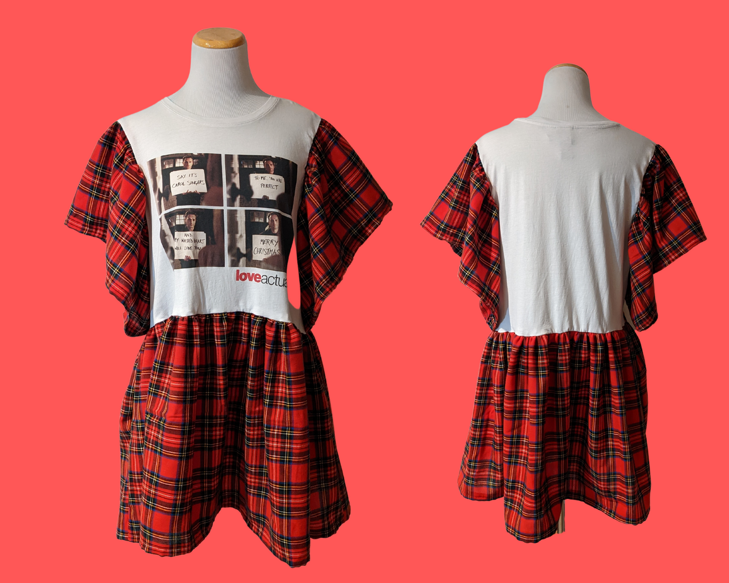 Handmade, Upcycled Love Actually, Red Plaid Fabric, T-Shirt Dress Size L