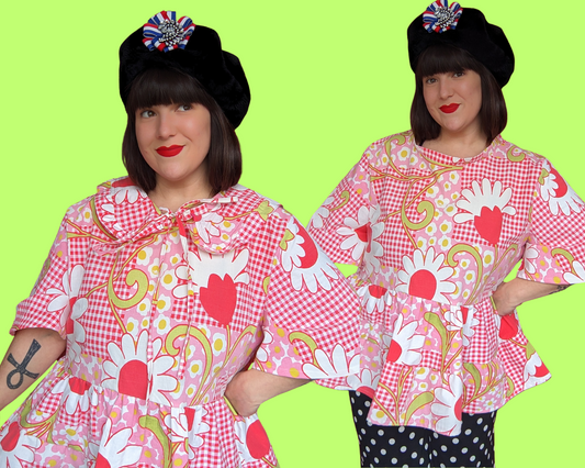 Handmade, Upcycled Vintage 1960's Daisies Pink Patterned Blouse with Matching Detachable Collar Size 2XL