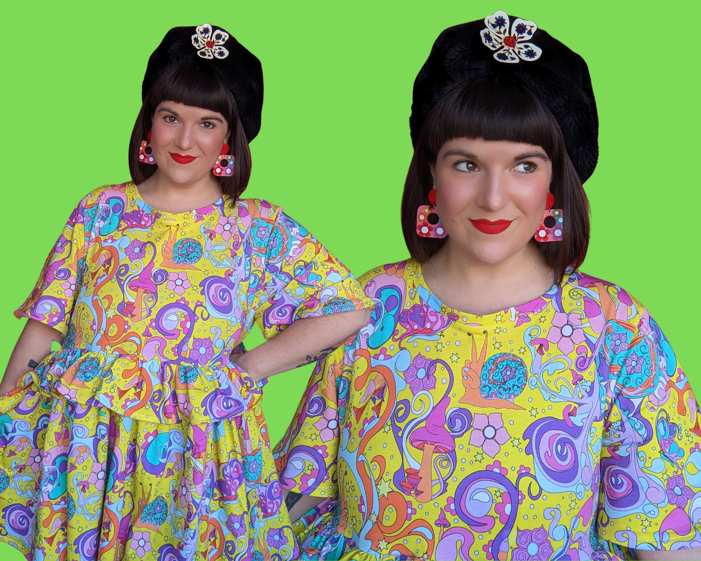 Handmade, Upcycled Vintage Inspired Psychedelic, Mushrooms and Snails Print Dress Size XL