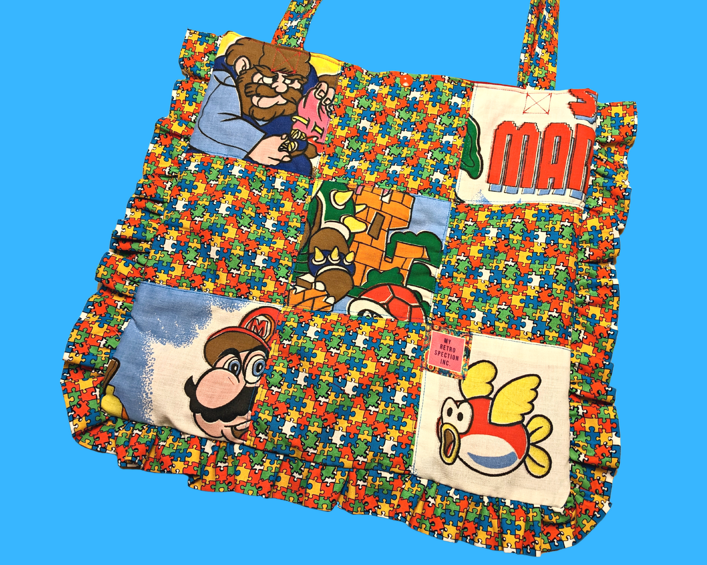 Drap de lit Nintendo Super Mario et Zelda recyclé fait à la main + Puzzle Sac fourre-tout en tissu vintage