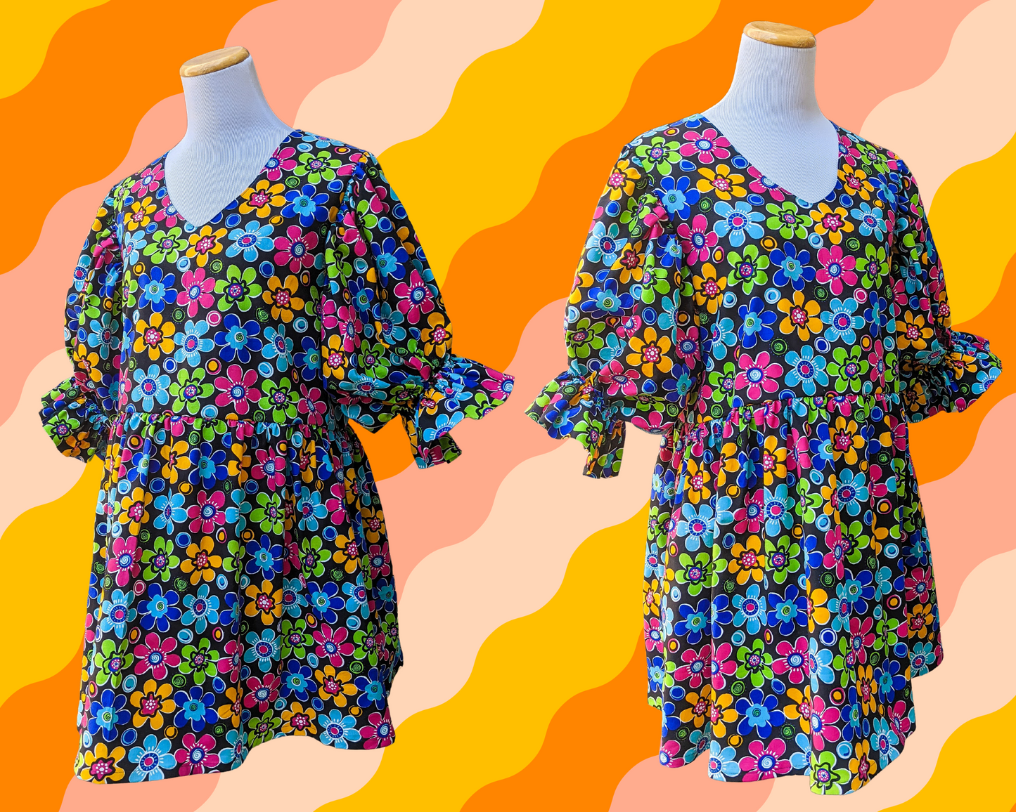 Handmade, Upcycled Vintage 1990's Colourful Flower Power, Groovy Patterned Fabric Dress with Mid-Length Puffy Sleeves, Size L/XL