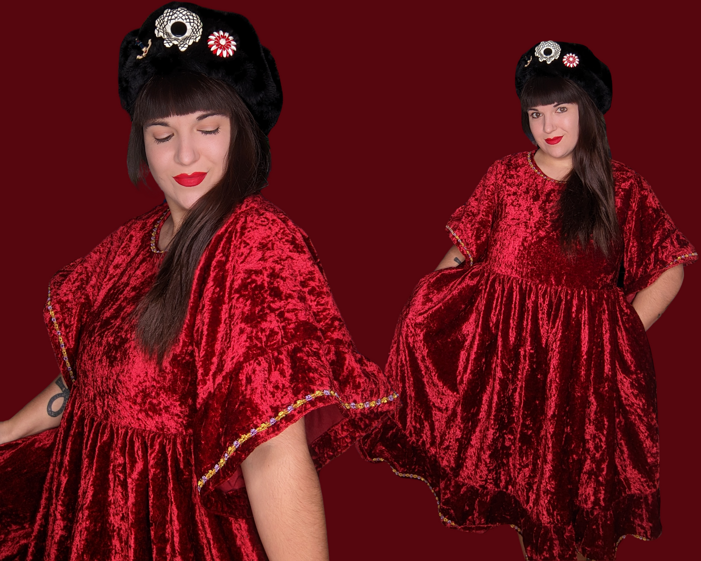 Robe à manches mi-longues en velours bordeaux recyclé faite à la main, taille L-XL