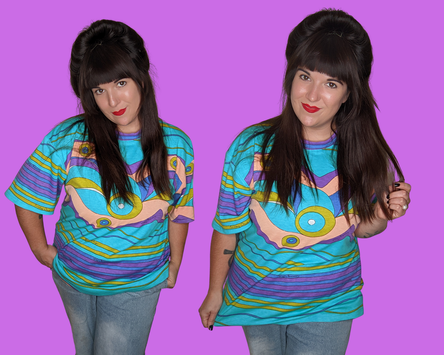 Handmade, Upcycled Vintage, Groovy Fabric, Stretchable, T-Shirt Oversized XS - Fits Like A Size M