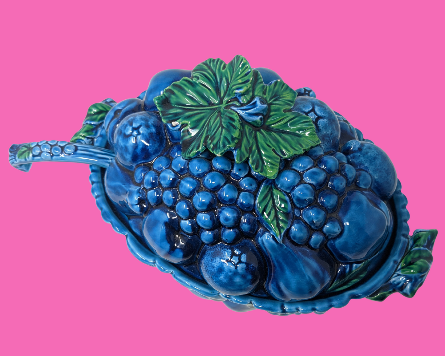 Vintage 1970's Inarco Japon Fruits, Bleu et Vert, Récipient à Soupe avec Couvercle et Louche
