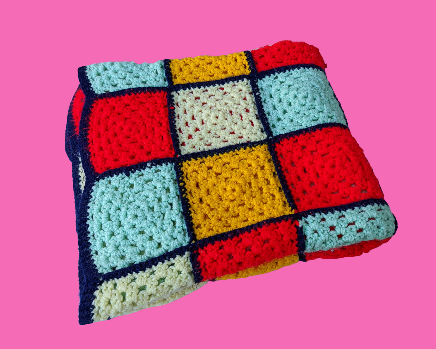 Vintage 1970's Yellow, Bleu, Turquoise and Yellow Wool Crochet Blanket