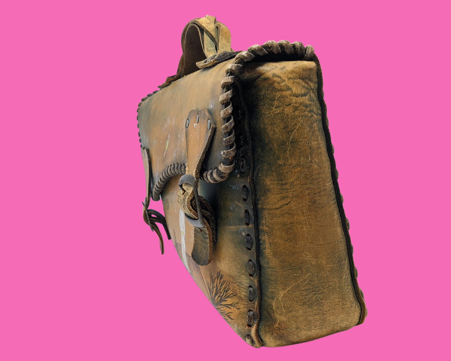 Sac messager en cuir véritable vintage des années 1970 avec illustration sculptée à la main du Petit Prince d'Antoine de Saint-Exupéry