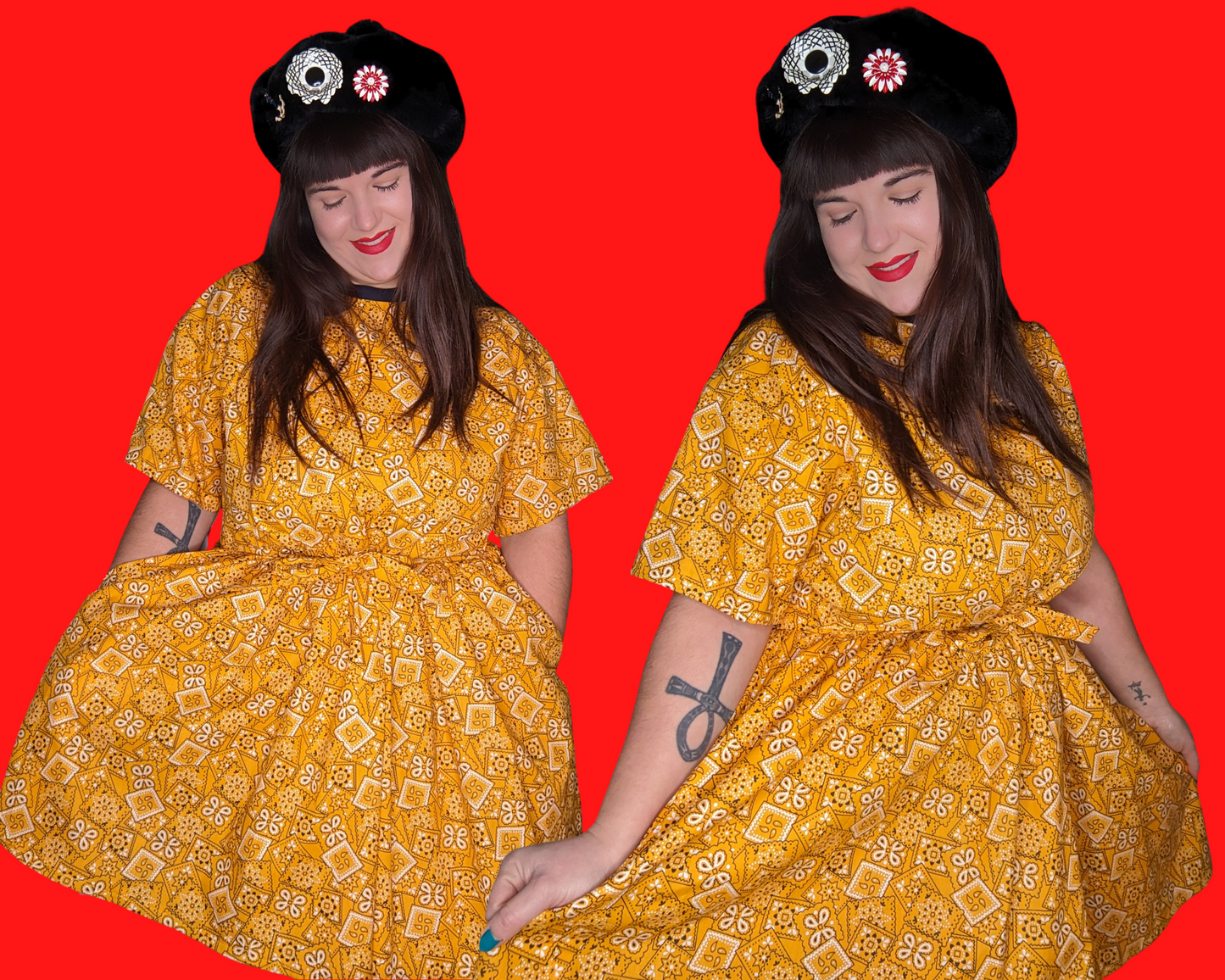 Handmade, Upcycled Yellow Paisley, Bandana Styled Fabric T-Shirt Dress Fits S-M-L-XL