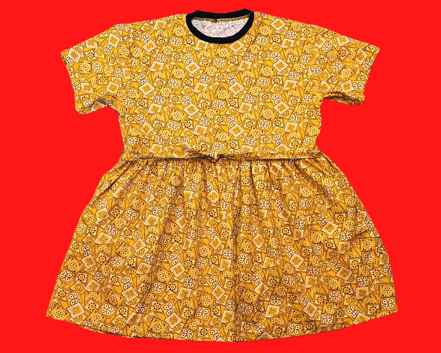 Handmade, Upcycled Yellow Paisley, Bandana Styled Fabric T-Shirt Dress Fits S-M-L-XL