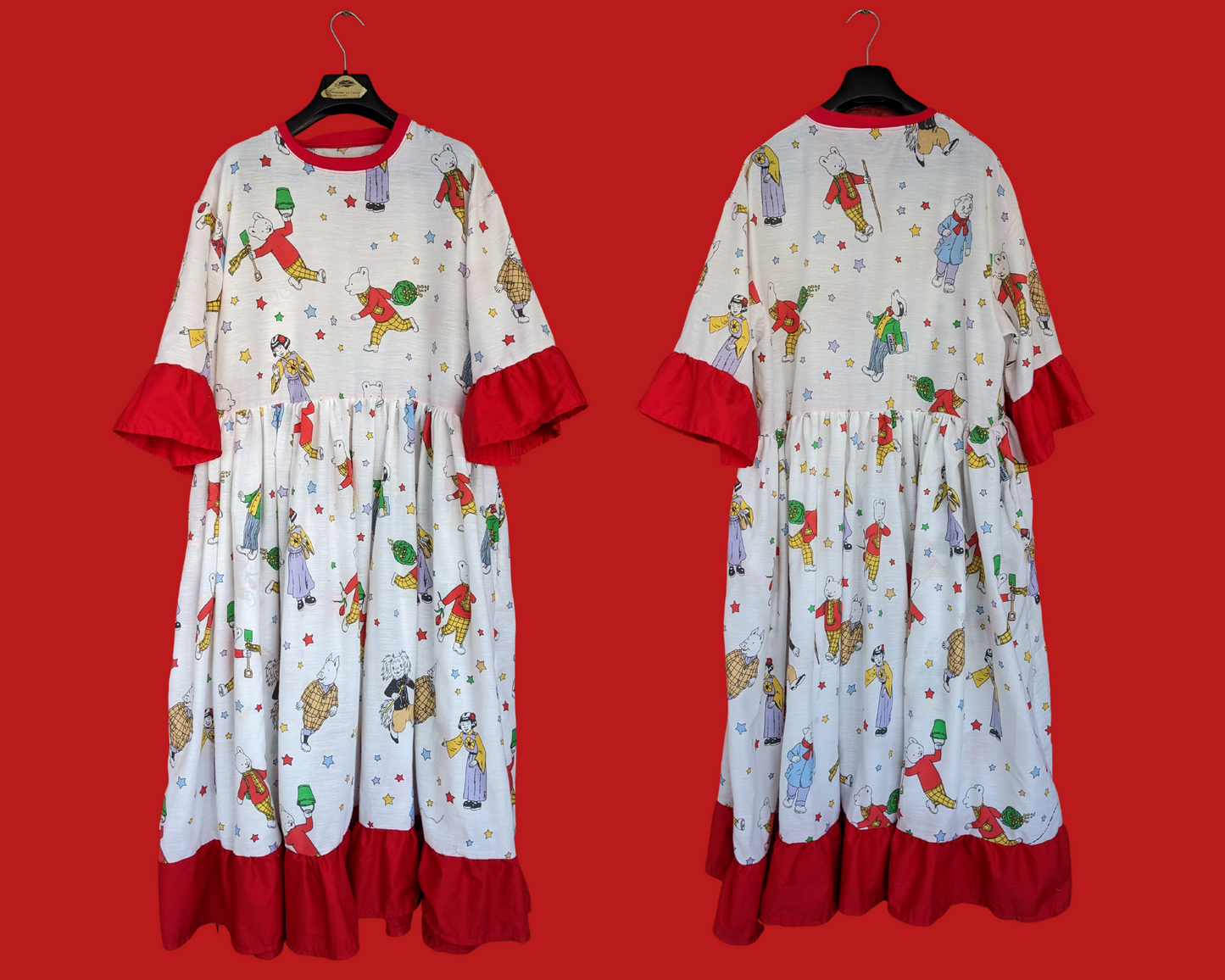 Handmade, Upcycled Vintage 1990's Rupert Bear Bedsheet Maxi T-Shirt Dress Fits S-M-L-XL
