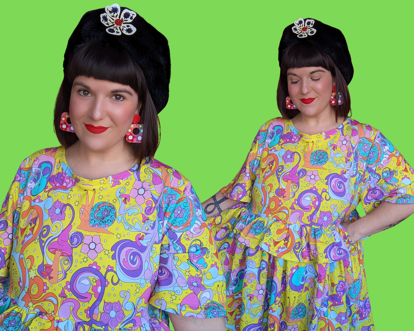 Handmade, Upcycled Vintage Inspired Psychedelic, Mushrooms and Snails Print Dress Size XL