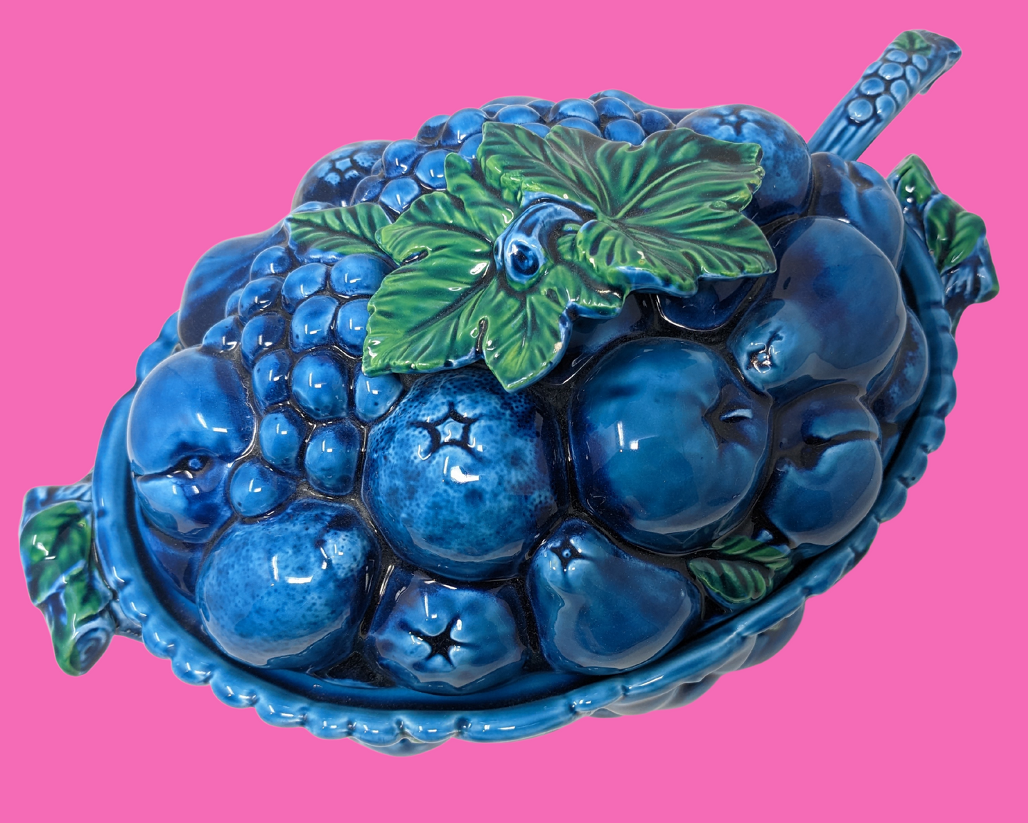 Vintage 1970's Inarco Japon Fruits, Bleu et Vert, Récipient à Soupe avec Couvercle et Louche