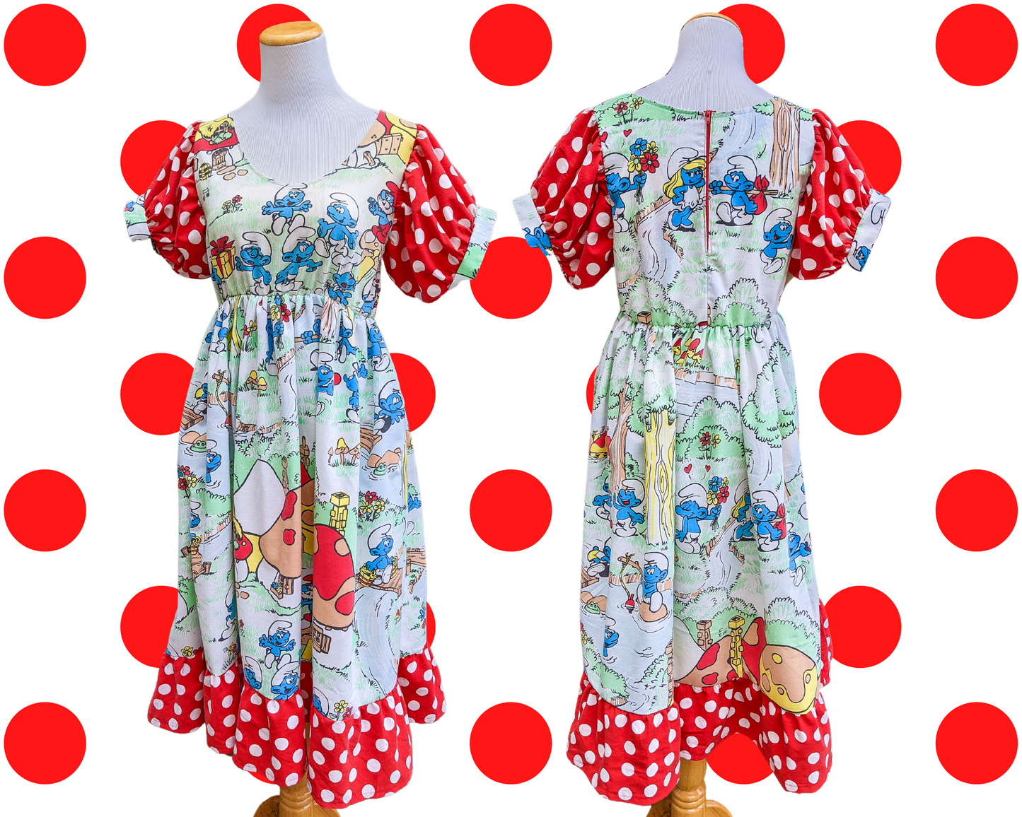 Fait à la main, robe de drap de lit Schtroumpfs recyclée avec tissu à pois rouge et blanc, manches courtes bouffantes taille S/M