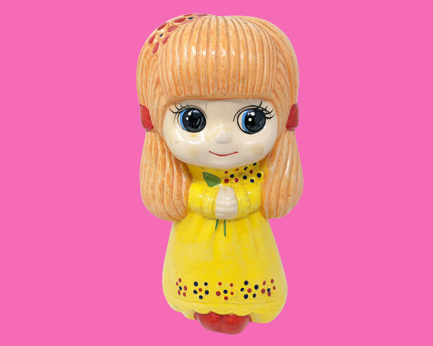 Vintage 1960's Big Eyed Little Girl with Pig Tails Ceramic Piggy Bank, Made in Japan