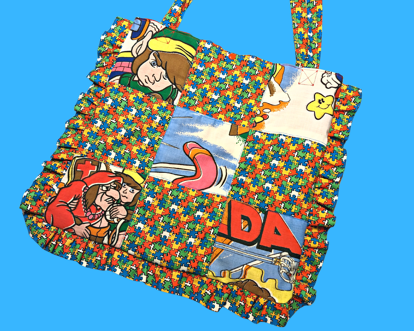 Drap de lit Nintendo Super Mario et Zelda recyclé fait à la main + Puzzle Sac fourre-tout en tissu vintage