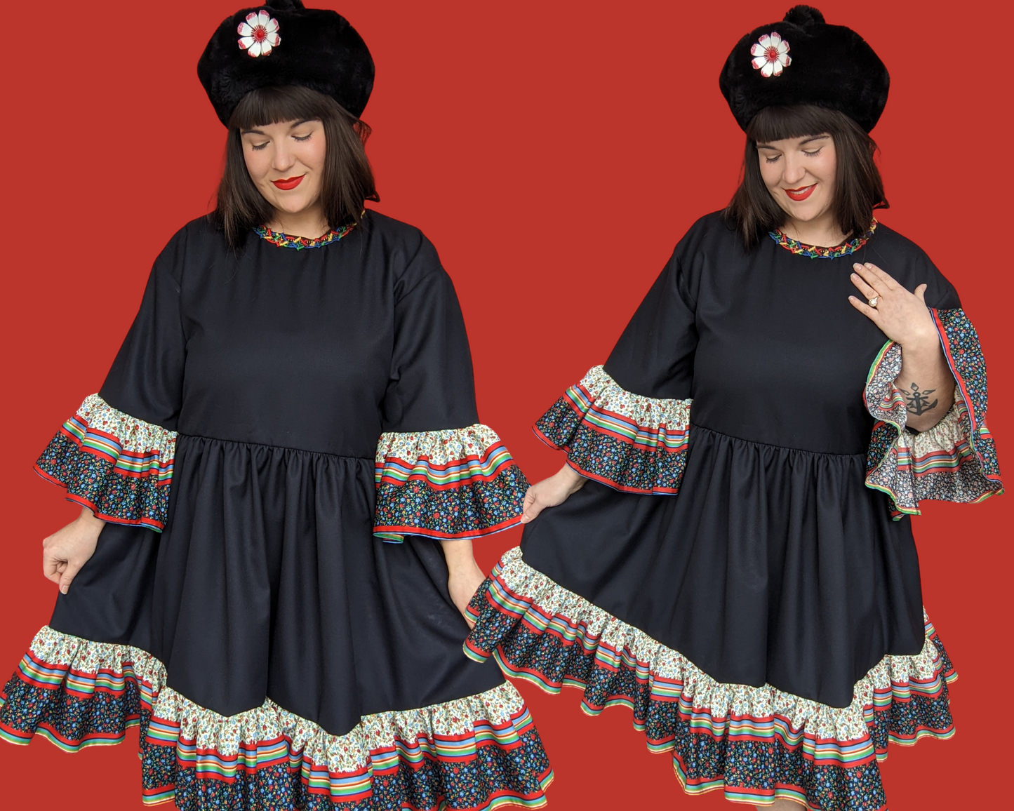 Tissu noir recyclé fait à la main avec une robe t-shirt en tissu floral vintage des années 1970 pour SML-XL