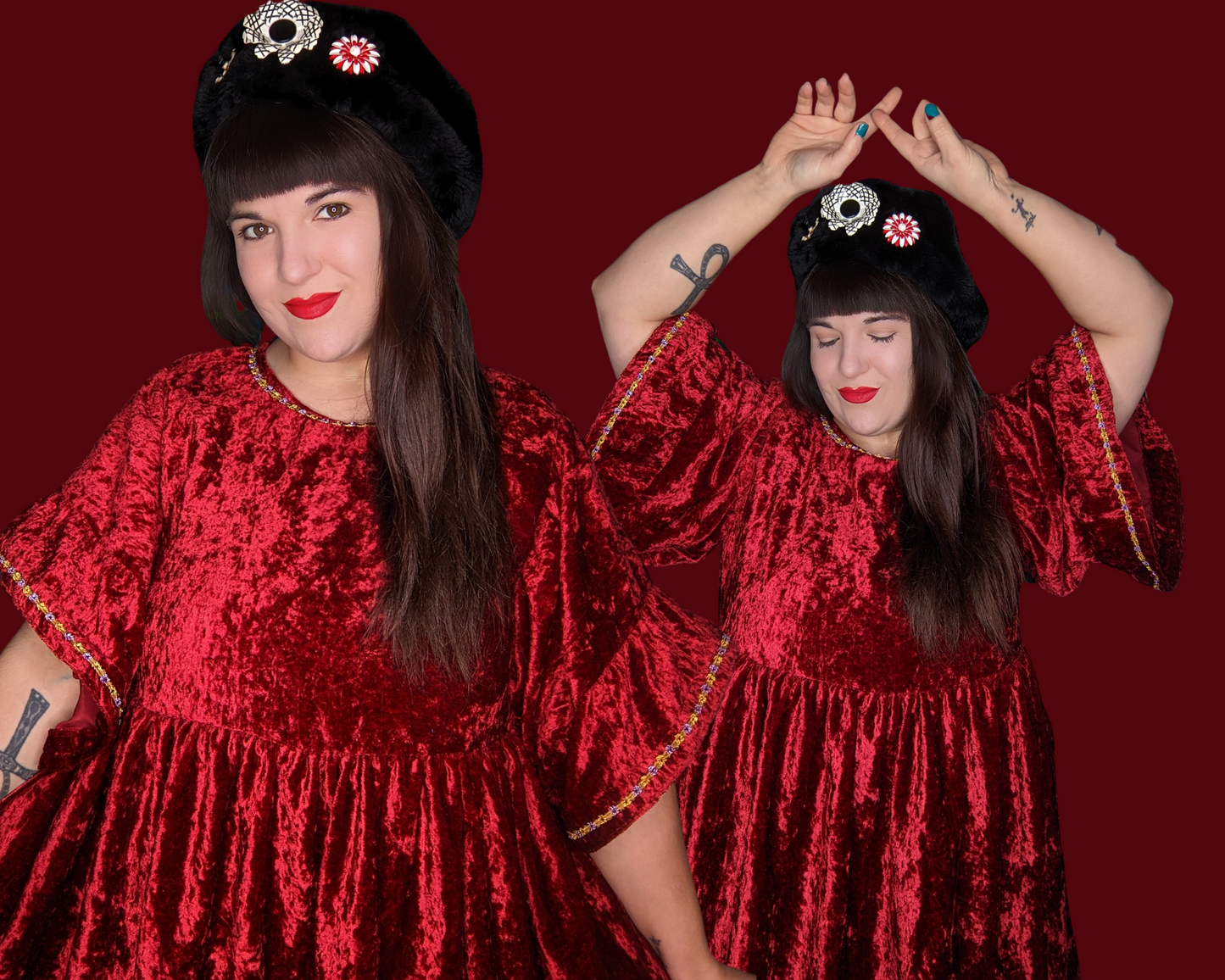 Robe à manches mi-longues en velours bordeaux recyclé faite à la main, taille L-XL