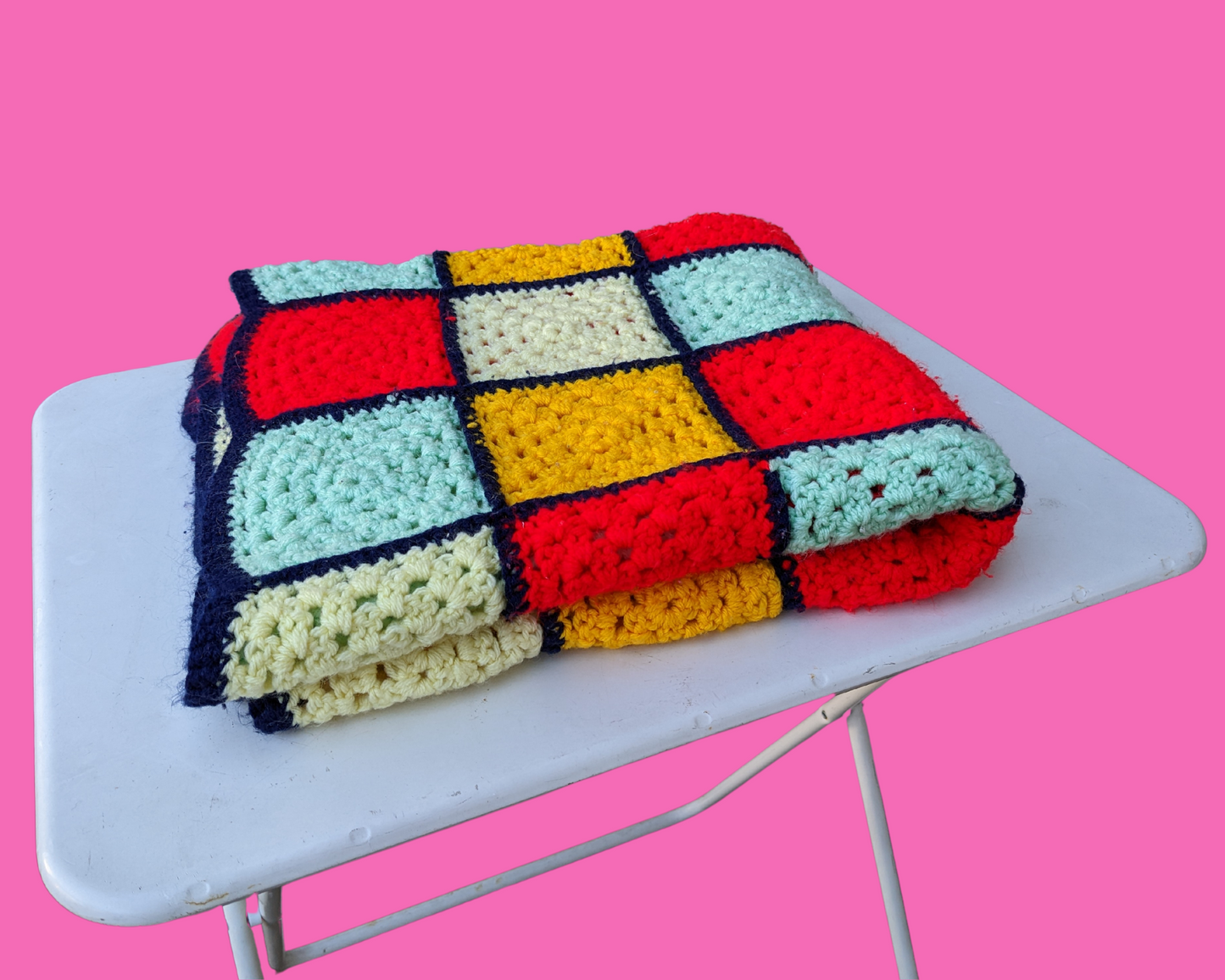 Vintage 1970's Yellow, Bleu, Turquoise and Yellow Wool Crochet Blanket