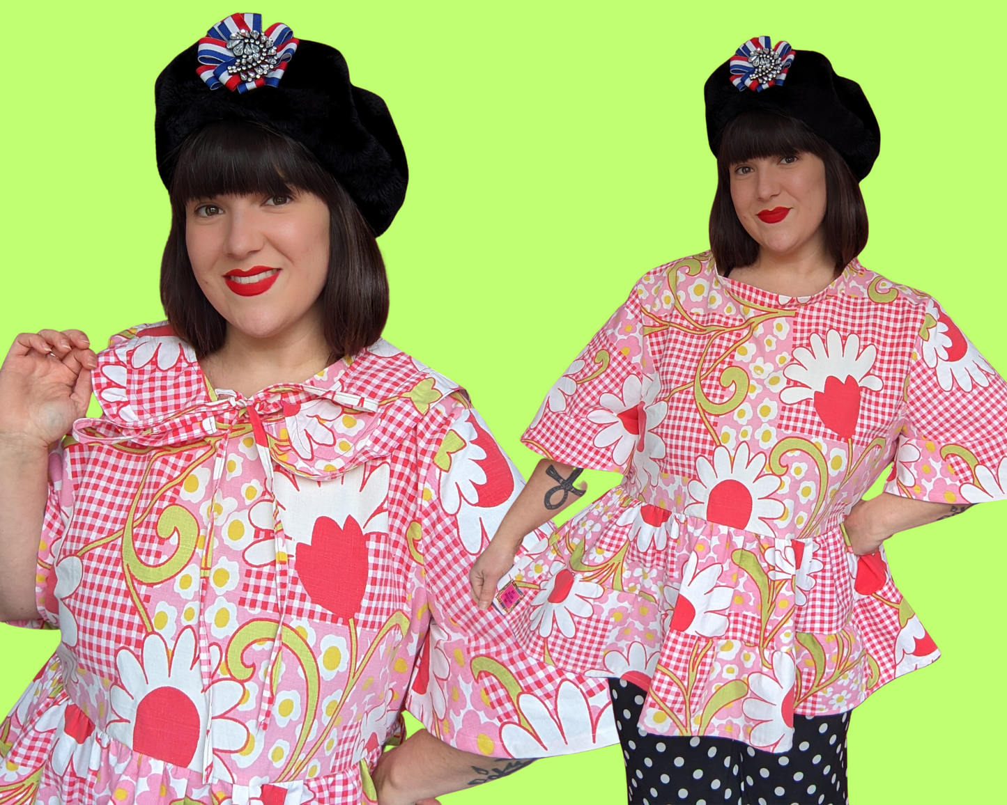 Handmade, Upcycled Vintage 1960's Daisies Pink Patterned Blouse with Matching Detachable Collar Size 2XL