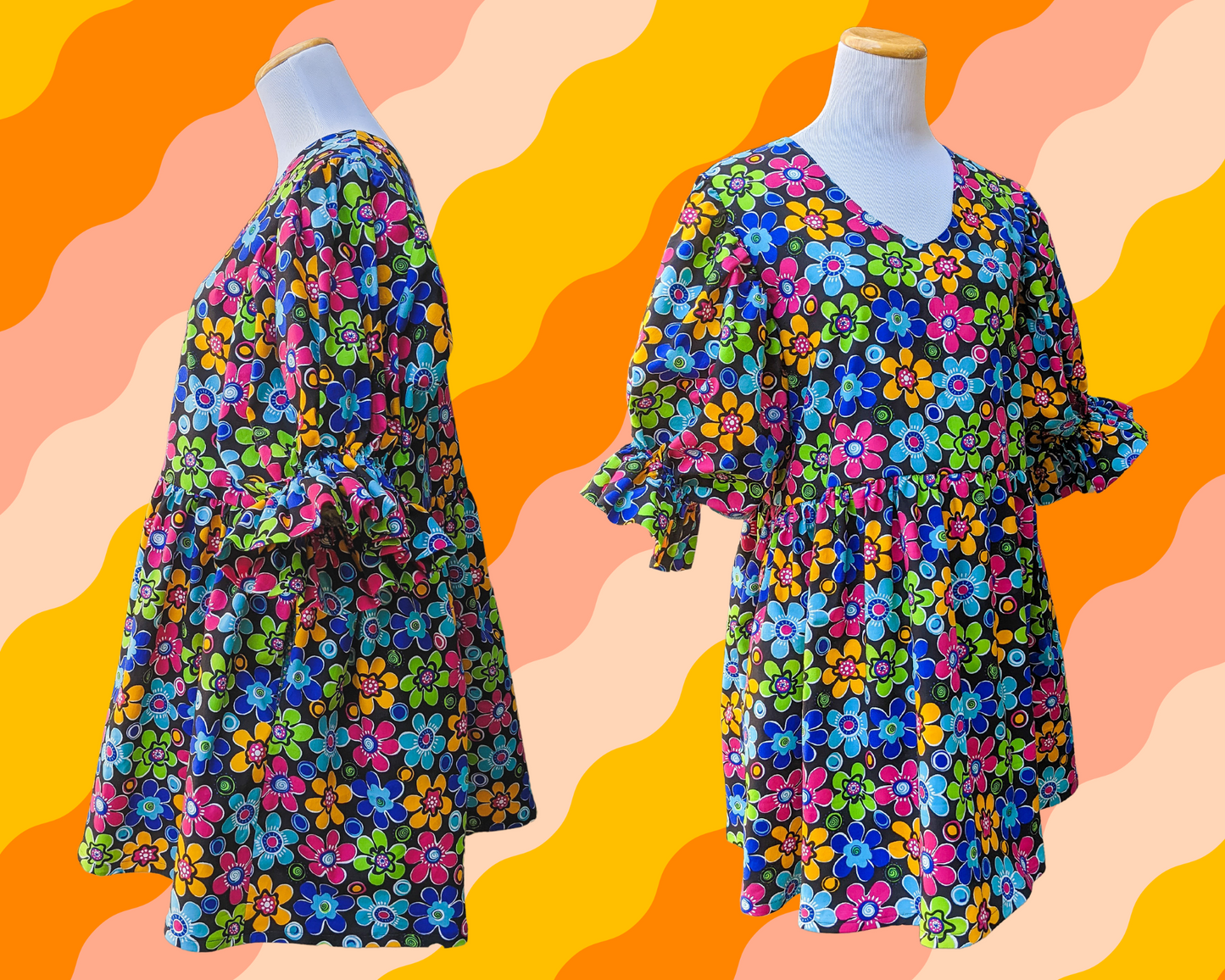 Handmade, Upcycled Vintage 1990's Colourful Flower Power, Groovy Patterned Fabric Dress with Mid-Length Puffy Sleeves, Size L/XL