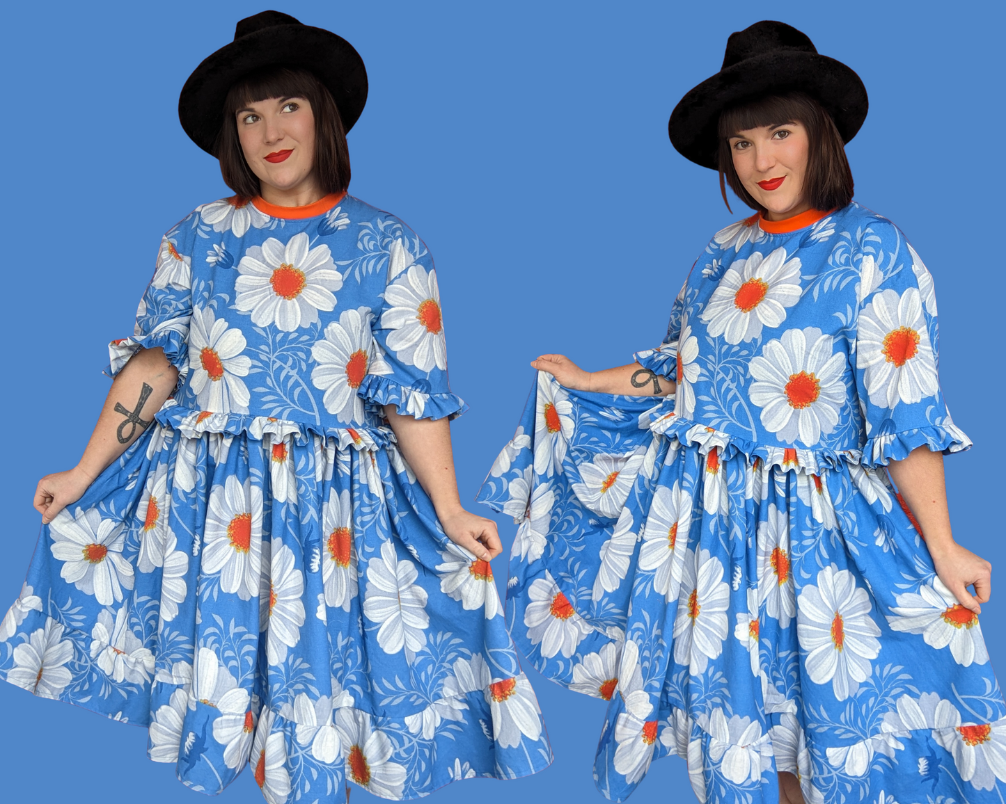 Robe t-shirt longue à motifs bleus et marguerites des années 1970 recyclée à la main et recyclée pour SML-XL