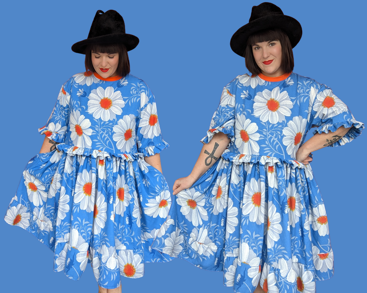 Robe t-shirt longue à motifs bleus et marguerites des années 1970 recyclée à la main et recyclée pour SML-XL