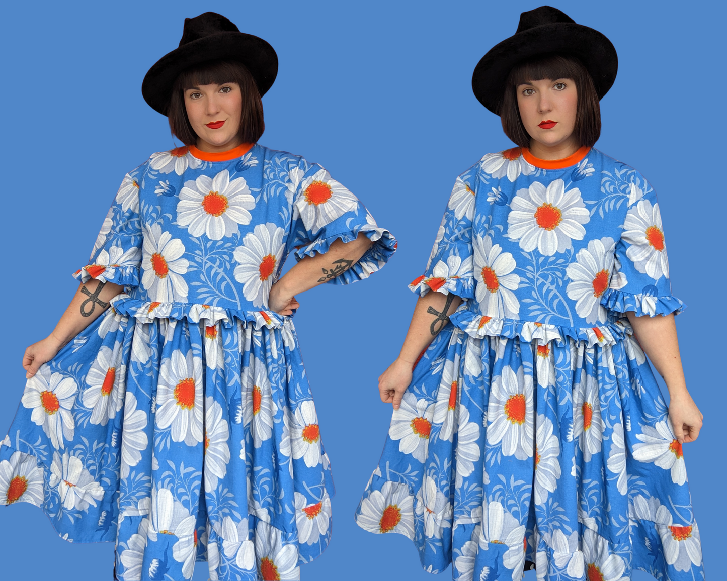 Robe t-shirt longue à motifs bleus et marguerites des années 1970 recyclée à la main et recyclée pour SML-XL