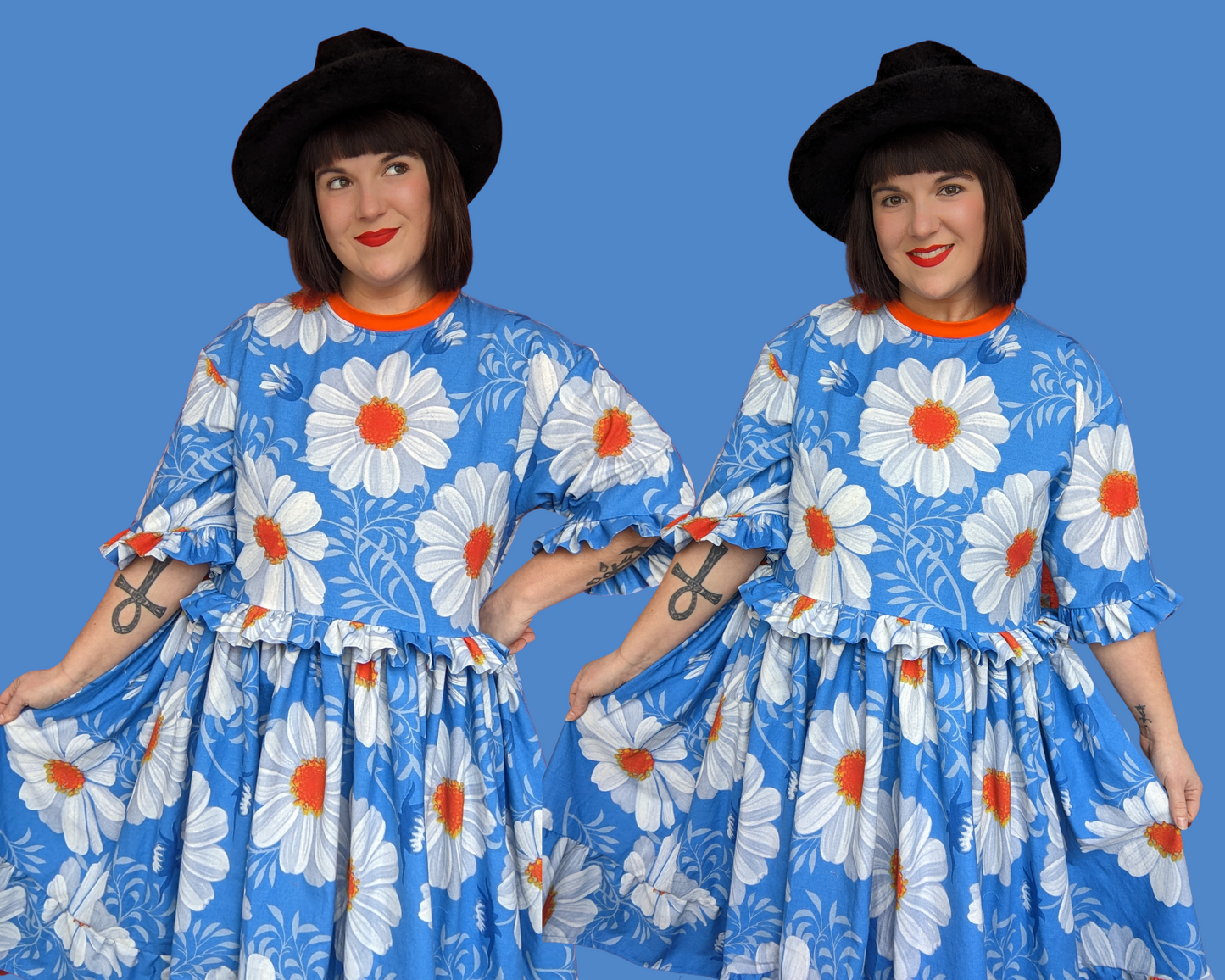 Robe t-shirt longue à motifs bleus et marguerites des années 1970 recyclée à la main et recyclée pour SML-XL