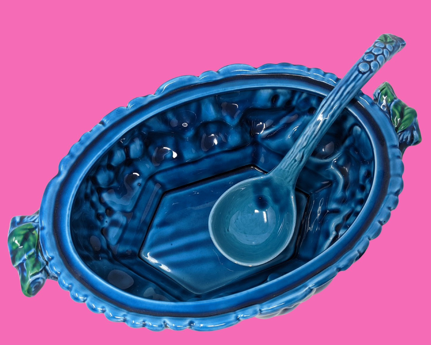 Vintage 1970's Inarco Japon Fruits, Bleu et Vert, Récipient à Soupe avec Couvercle et Louche