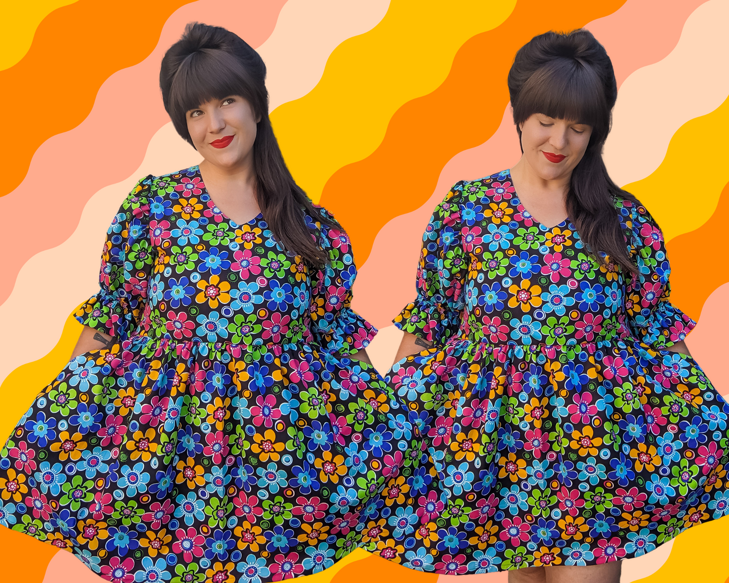 Handmade, Upcycled Vintage 1990's Colourful Flower Power, Groovy Patterned Fabric Dress with Mid-Length Puffy Sleeves, Size L/XL