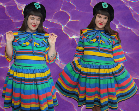 Handmade, Upcycled Vintage 1990's Colorful, Rainbow Fabric T-Shirt Dress with Detachable Collar Fits S-M-L-XL