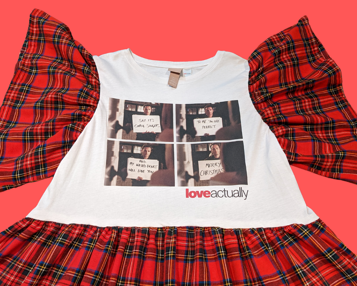 Handmade, Upcycled Love Actually, Red Plaid Fabric, T-Shirt Dress Size L