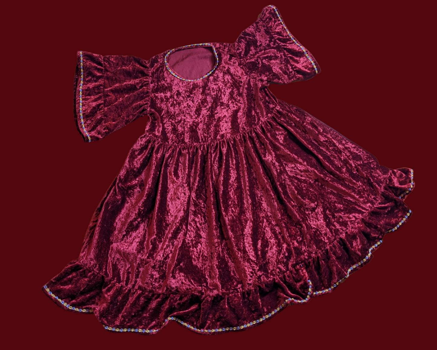 Robe à manches mi-longues en velours bordeaux recyclé faite à la main, taille L-XL