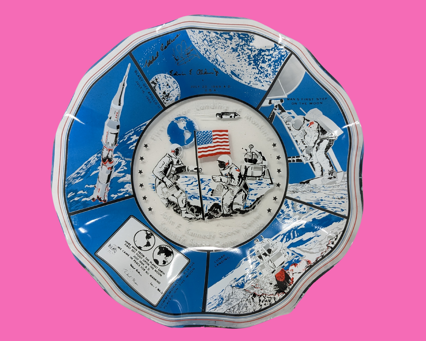 Vintage 1960's John F Kennedy Space Center First Lunar Landing of Mankind Souvenir Tray Dish