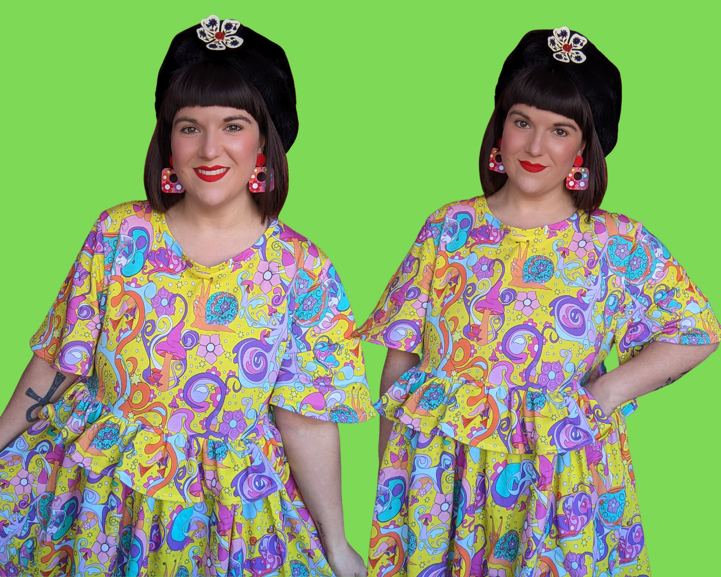Handmade, Upcycled Vintage Inspired Psychedelic, Mushrooms and Snails Print Dress Size XL