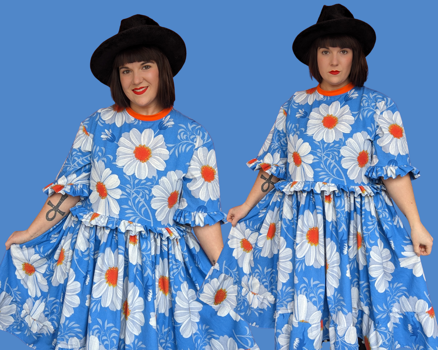 Robe t-shirt longue à motifs bleus et marguerites des années 1970 recyclée à la main et recyclée pour SML-XL