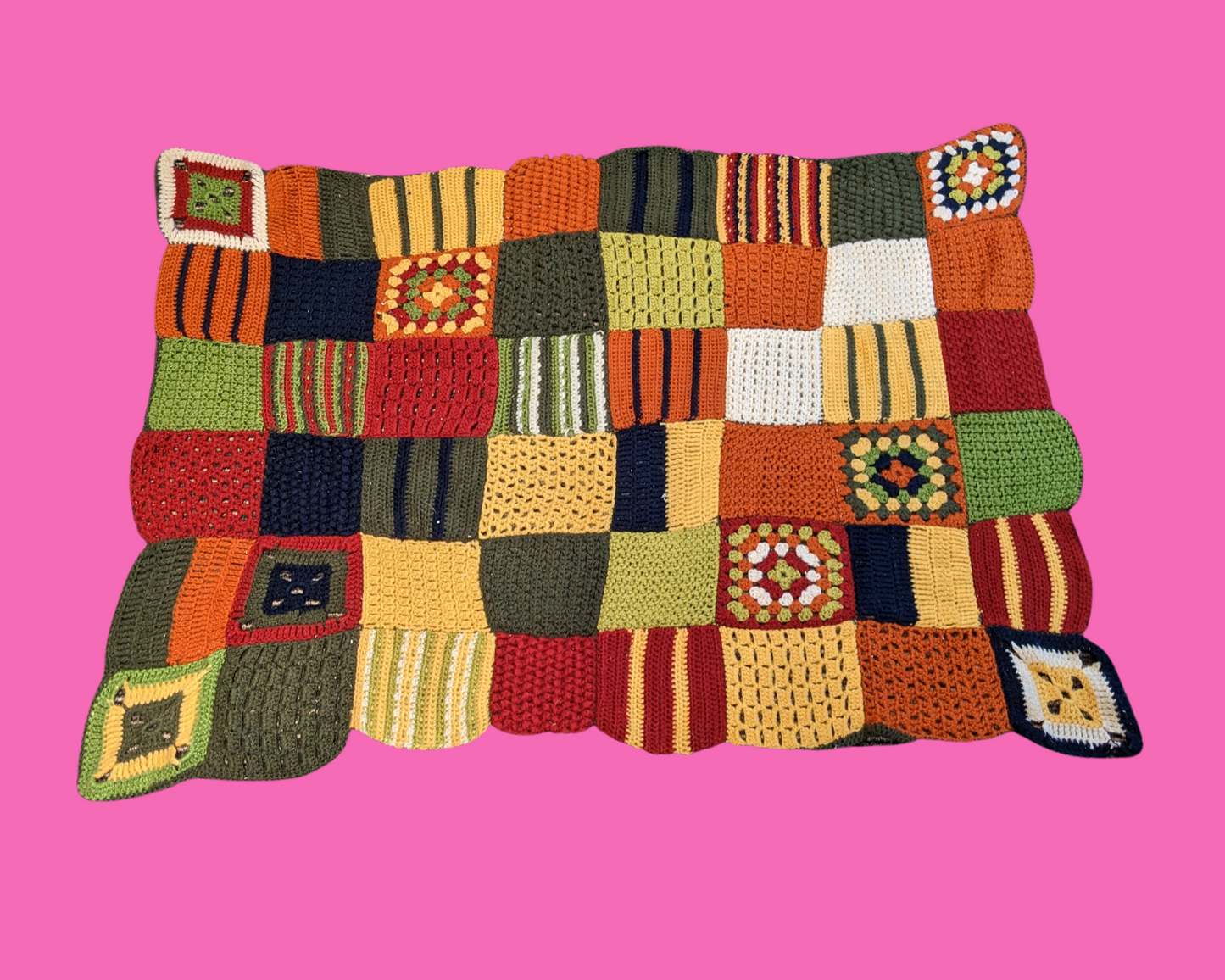 Vintage 1970's Colourful Wool, Small Crochet Blanket