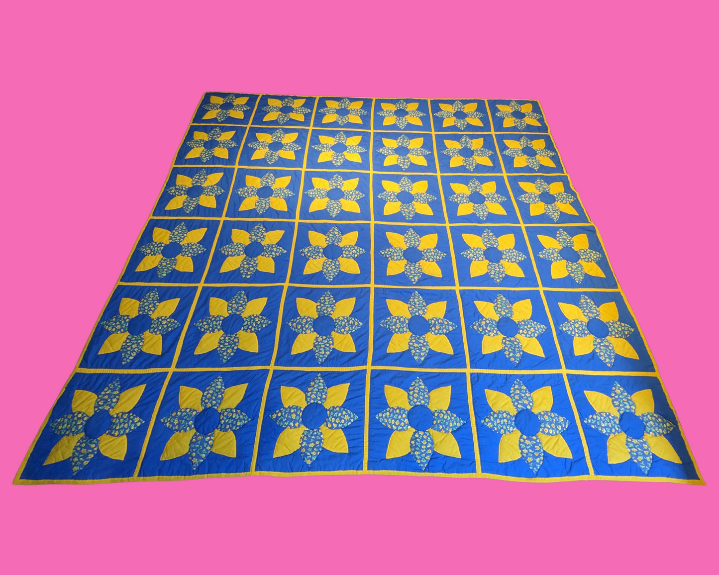 Vintage 1970's Huge Blue and Yellow Quilt Blanket