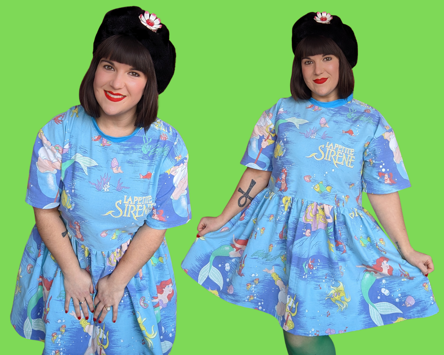 Handmade, Upcycled Disney The Little Mermaid, French Title La Petite Sirène, Bedsheet T-Shirt Dress Fits S-M-L-XL