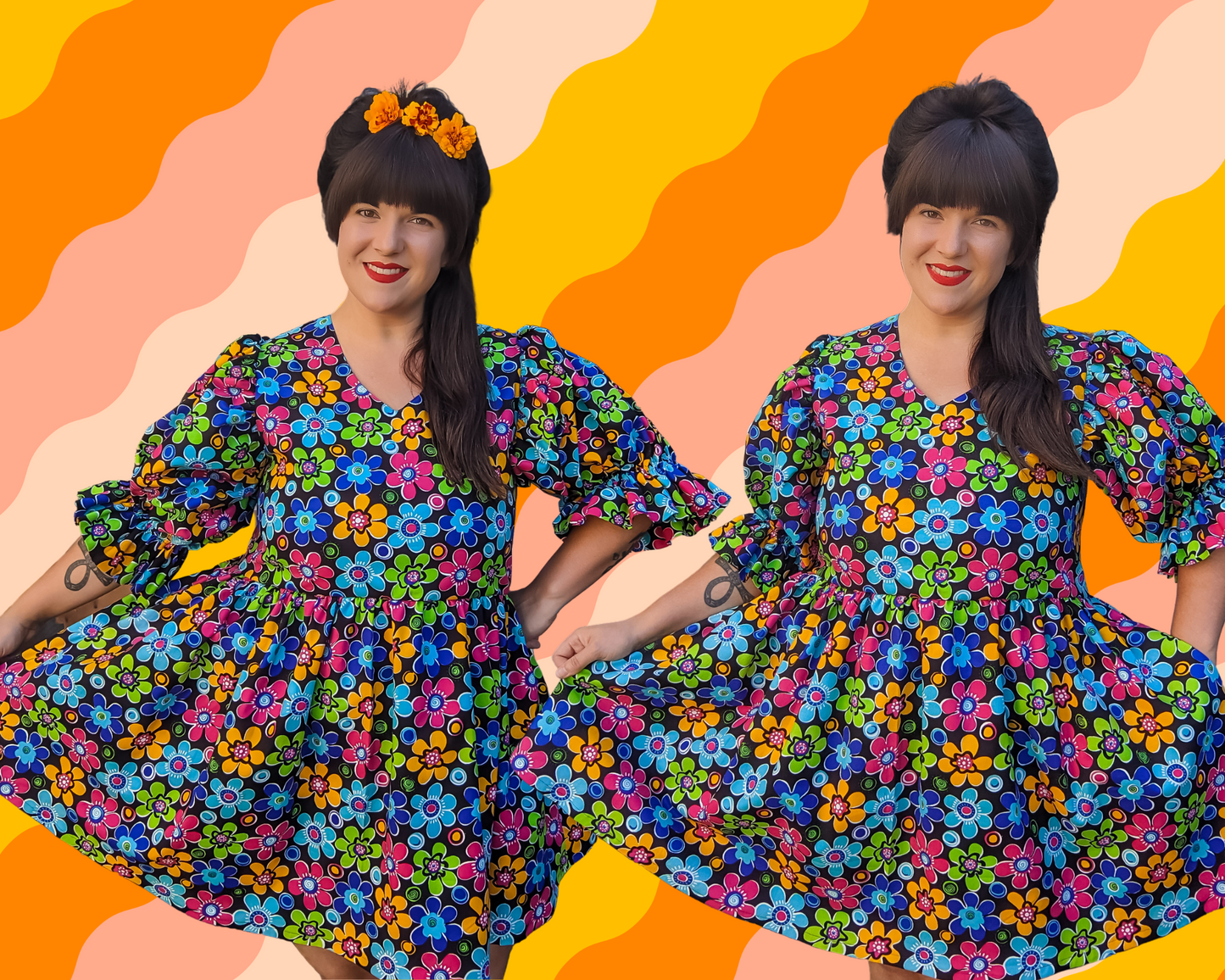 Handmade, Upcycled Vintage 1990's Colourful Flower Power, Groovy Patterned Fabric Dress with Mid-Length Puffy Sleeves, Size L/XL