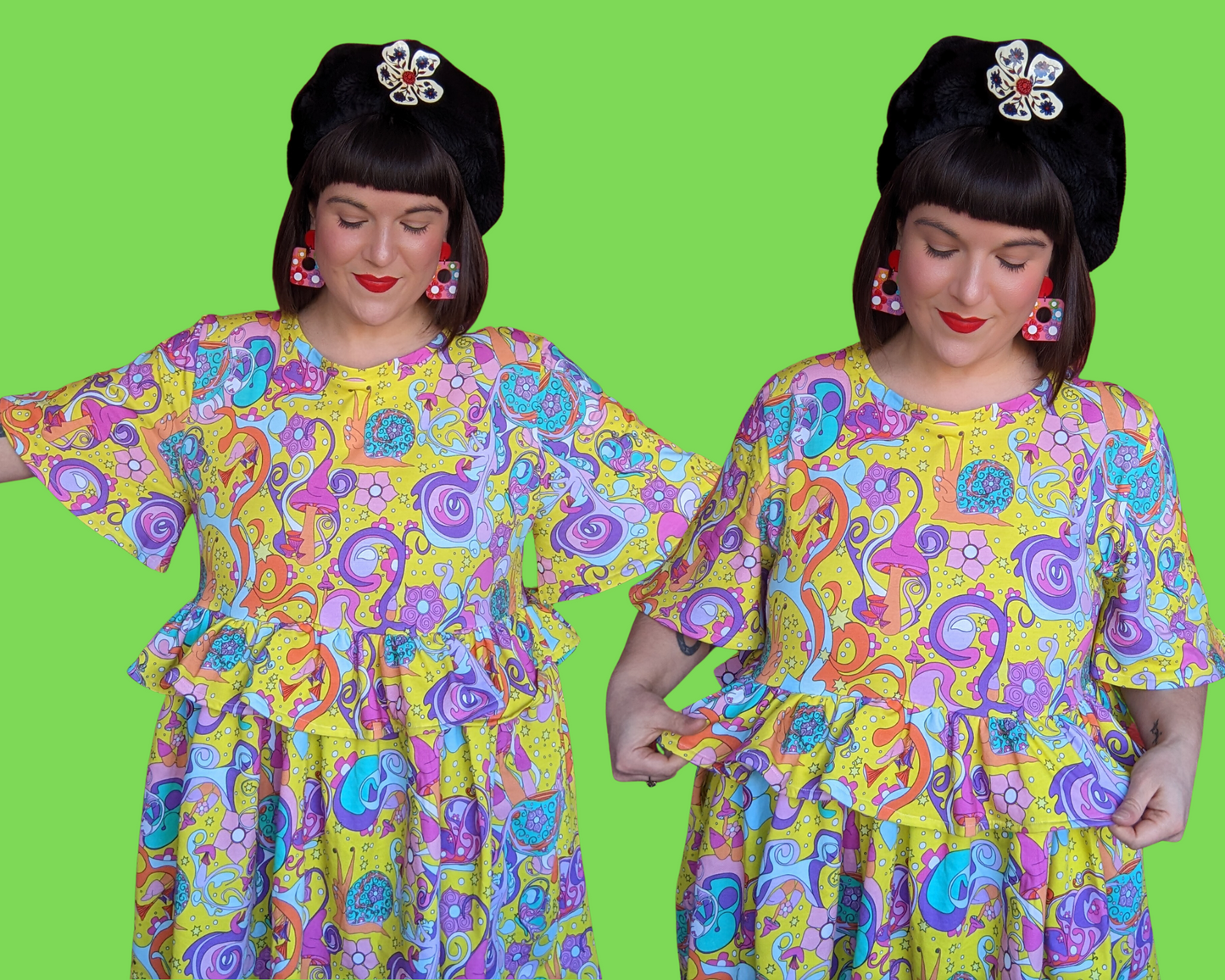 Handmade, Upcycled Vintage Inspired Psychedelic, Mushrooms and Snails Print Dress Size XL