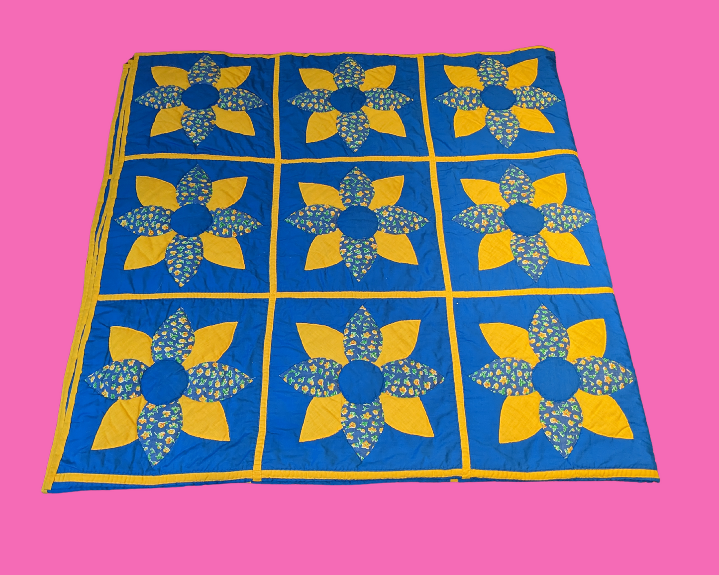 Vintage 1970's Huge Blue and Yellow Quilt Blanket