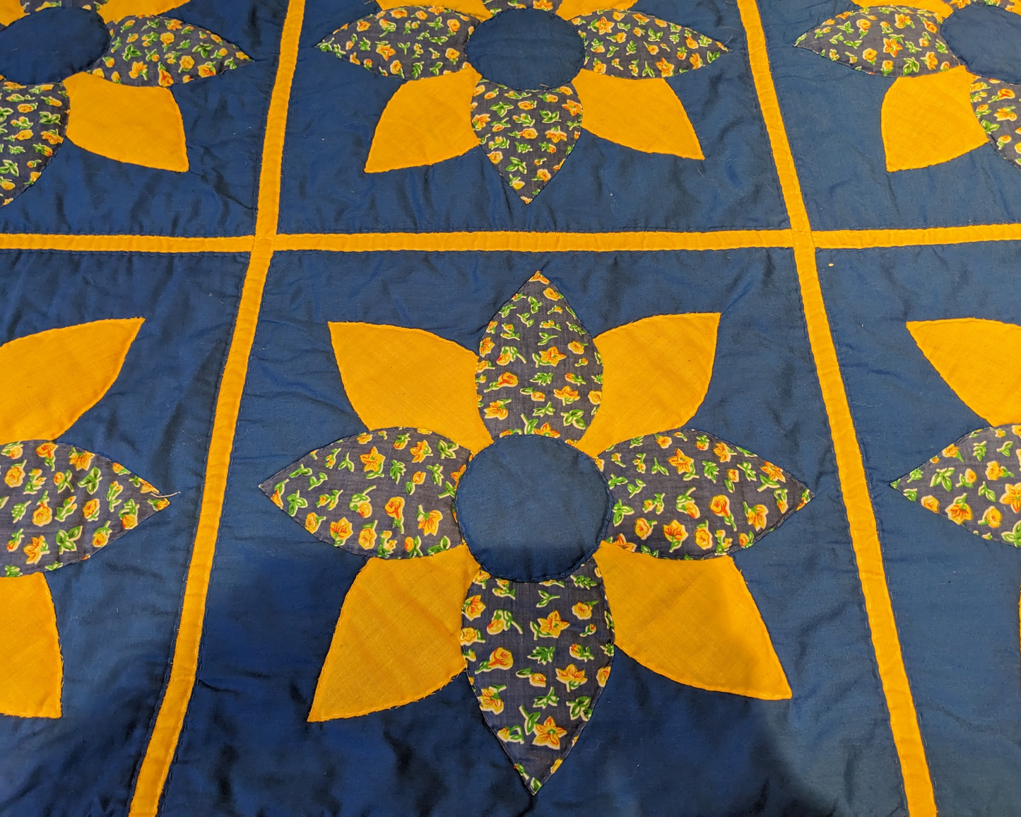 Vintage 1970's Huge Blue and Yellow Quilt Blanket