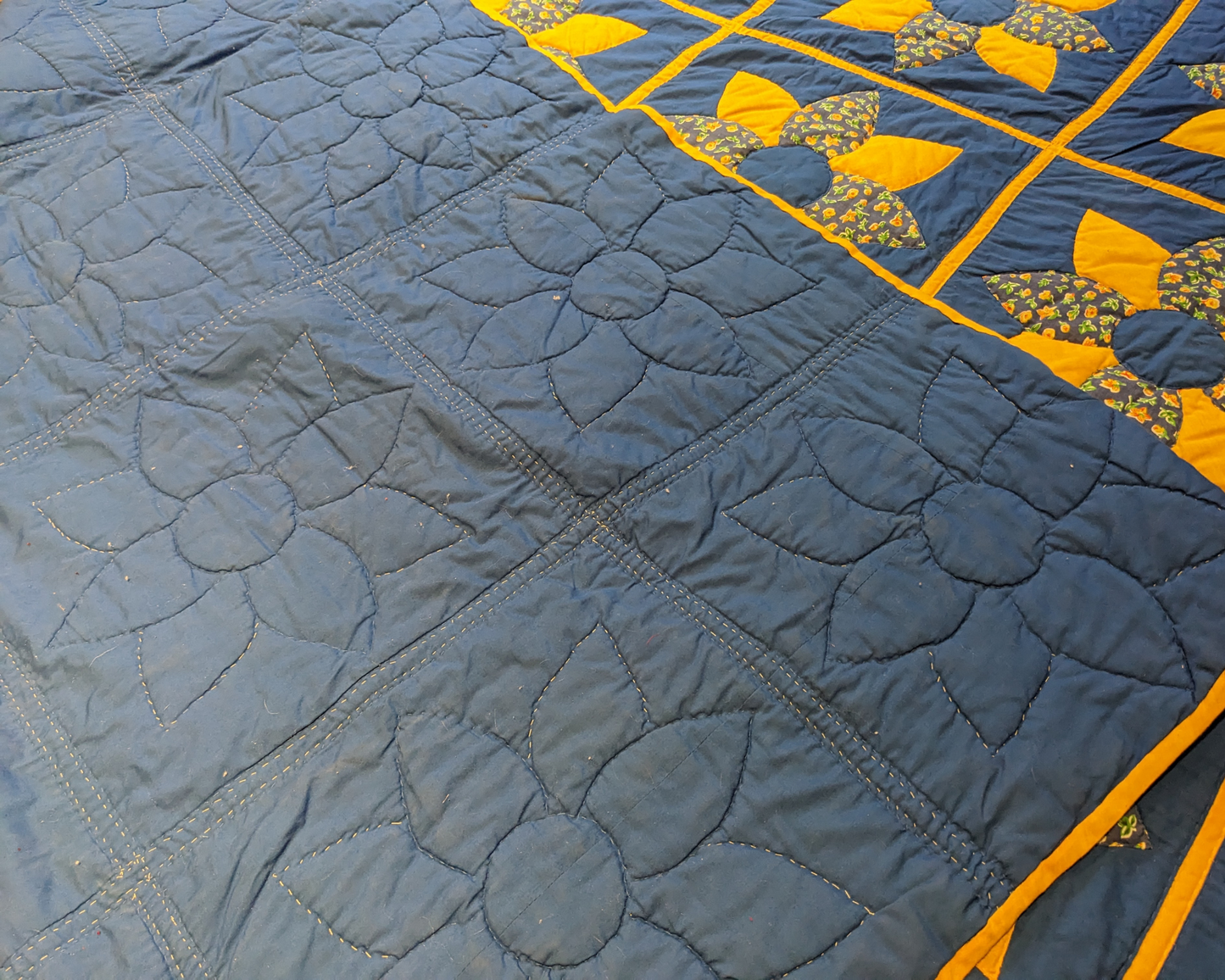 Vintage 1970's Huge Blue and Yellow Quilt Blanket