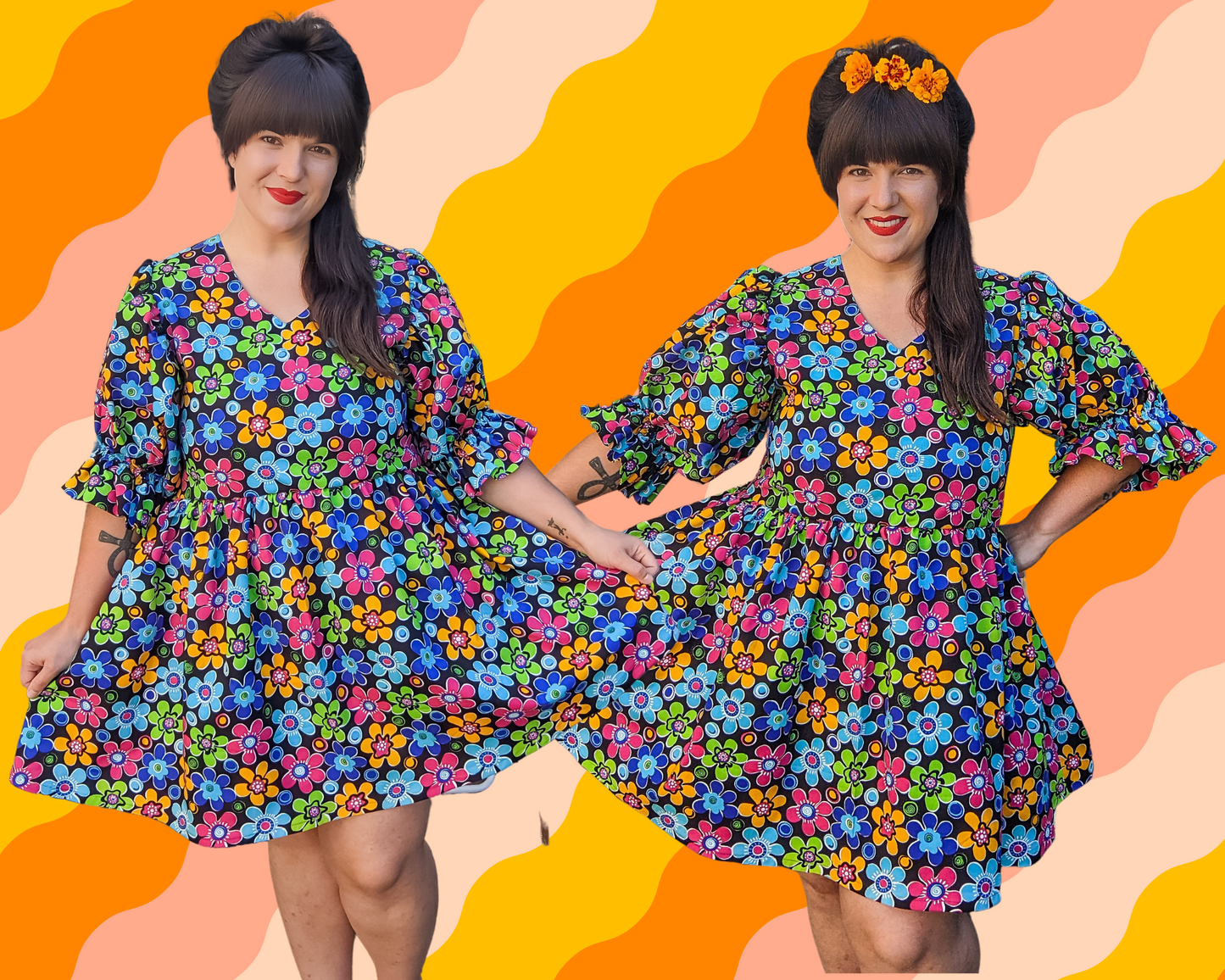 Handmade, Upcycled Vintage 1990's Colourful Flower Power, Groovy Patterned Fabric Dress with Mid-Length Puffy Sleeves, Size L/XL