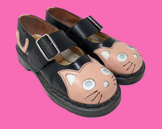 Vintage 1990's Tredair England Pink and Black Leather Kitties Shoes Size US 6.5
