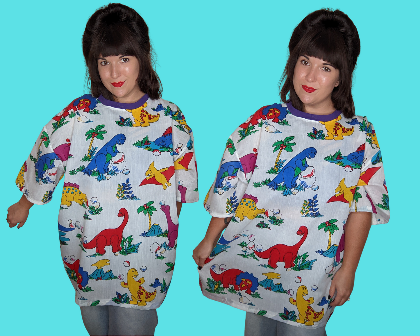 Fait à la main, Upcycled Vintage 1990's Dinosaurs Patterned Fabric T-Shirt Oversized XL