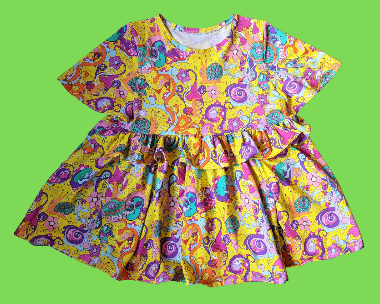 Handmade, Upcycled Vintage Inspired Psychedelic, Mushrooms and Snails Print Dress Size XL